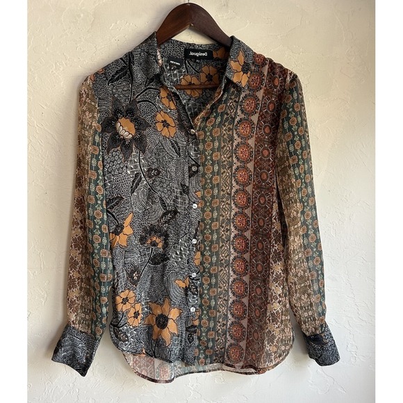Desigual Tops - Desigual Mixed Print Boho Button Up Top XS Semi Sheer Patchwork Bohemian Luxury